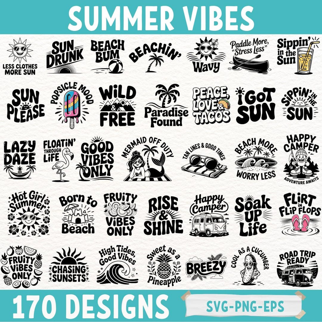 Summer Beach SVG Bundle | 170 Retro Summer Vibes PNG Designs for Cricut ...