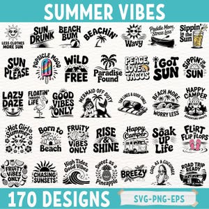 Paquete SVG de playa de verano / 170 diseños PNG de estilo retro veraniego para siluetas de Cricut, sublimación de vacaciones y divertidas imágenes prediseñadas de camisetas de camping
