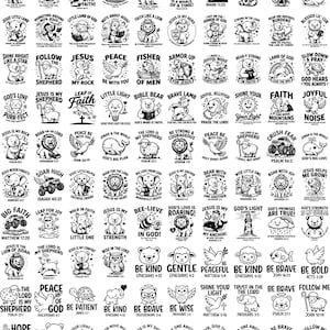 May include: A collection of black and white Christian-themed illustrations featuring animals, objects, and phrases like "Jesus is my King," "Be Kind," and "Follow Me." The images are designed in a simple, line-art style.