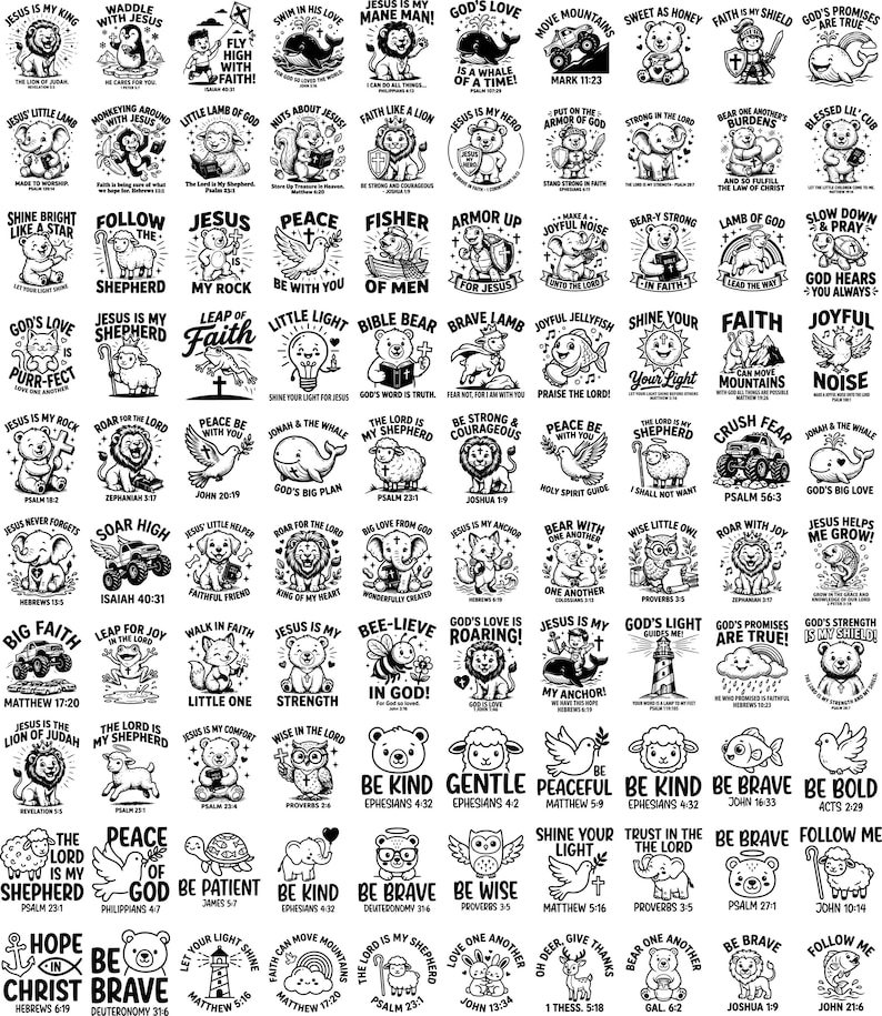 May include: A collection of black and white Christian-themed illustrations featuring animals, objects, and phrases like "Jesus is my King," "Be Kind," and "Follow Me." The images are designed in a simple, line-art style.