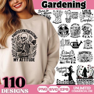 Bundle jardinage SVG drôle, 110 citations sarcastiques pour amoureux des plantes PNG SVG Eps, chemise jardin gothique sublimation dessins pour Cricut