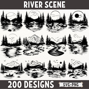 River Scene SVG PNG Designs – Mountain Landscape Clipart, Nature Silhouette Bundle, Forest River Lake Digital Files for Cricut & Crafts