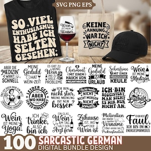 Puede incluir: Un diseño de paquete digital con citas alemanas sarcásticas en camisetas negras, copas de vino, bolsas de mano y una gorra de béisbol negra. El diseño incluye frases como "Wein ist mein Wasser" y "Sarcastic German".