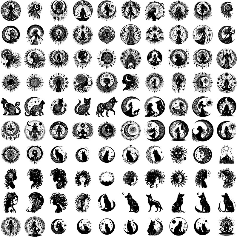 May include: A collection of 100 black and white illustrations featuring various mystical and celestial themes. The illustrations include moons, stars, wolves, cats, witches, and other magical creatures. Each illustration is set within a circular frame.