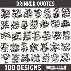 Pacchetto di citazioni divertenti sui bevitori in formato SVG per Cricut e Silhouette - File PNG EPS con frasi sull'alcol per feste per magliette, bicchieri e regali