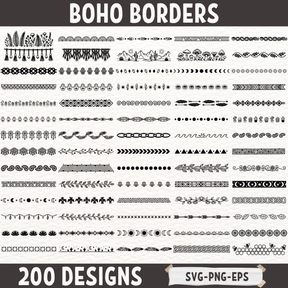 Boho Borders Bundle SVG PNG EPS, 200 Decorative Dividers Set, Tribal Floral Lines, Cricut Cut Files, Bohemian Clipart Pack for Design