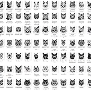 May include: A collection of 100 black and white illustrations of cat faces. Each illustration is unique and features a different cat breed, expression, and pose.