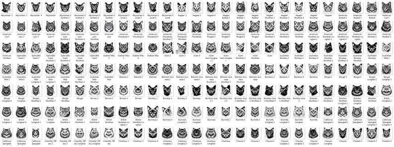 May include: A collection of 100 black and white illustrations of cat faces. Each illustration is unique and features a different cat breed, expression, and pose.