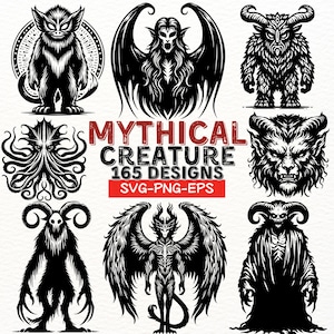 Paquete SVG de criaturas míticas, 165 diseños de bestias fantásticas, imágenes prediseñadas de monstruos góticos, descarga digital PNG EPS, arte vectorial de tatuajes de terror