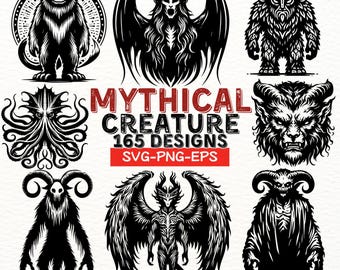 Mythische wezens SVG-bundel, 165 Fantasy Beast-ontwerpen, Gothic Monster-clipart, digitale download PNG EPS, horror tattoo vectorkunst