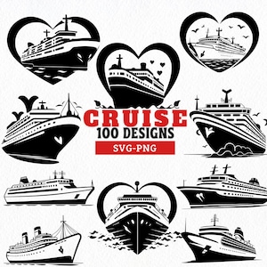 Cruise Ship SVG PNG Designs Bundle, Cruise Ship Heart Clipart, Nautical Boat Cut Files, Commercial Use, Cruise Travel Silhouettes