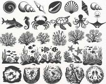 May include: A collection of 100 black and white underwater themed SVG and PNG designs. The designs include sea creatures, shells, coral, and plants.  The text "UNDERWATER" and "100 DESIGNS" are at the top and bottom of the image.  The text "SVG-PNG" is in the bottom right corner.