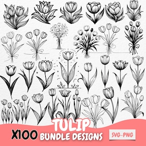Tulip SVG Bundle | Floral Clipart for Cricut | Spring Flower PNGs | Tulip Line Art for Sublimation and Crafting Projects