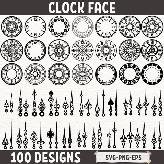 Vintage Clock Face and Hands SVG Bundle, Steampunk Clock Dial Clipart, Clock Hand Silhouette PNG, DIY Clock Design Eps Cut Files