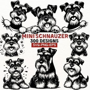 May include: A set of eight black and white illustrations of Miniature Schnauzers in various poses. The illustrations are in a cartoon style and feature the text "Mini Schnauzer 300 Designs SVG-PNG-EPS".