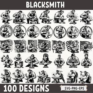 May include: A set of 100 black and white vector illustrations of a blacksmith working at an anvil. The illustrations are in a vintage style and feature various poses and actions. The text "BLACKSMITH" is at the top of the image and "100 DESIGNS" is at the bottom. The text "SVG-PNG-EPS" is in the bottom right corner.
