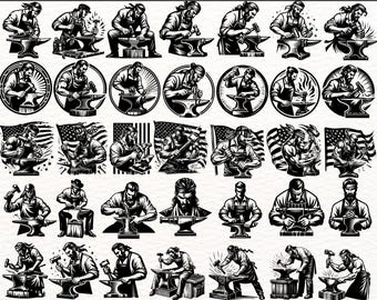 Blacksmith SVG Bundle, Retro Blacksmith Clipart, Vintage Metal Worker PNG, Iron Forge Silhouette, Farrier Vector, CNC Laser Cut Files
