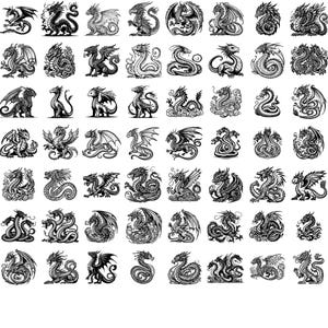 May include: A collection of 64 black and white illustrations of dragons in various poses. The dragons are drawn in a detailed and intricate style, with scales, wings, and claws.