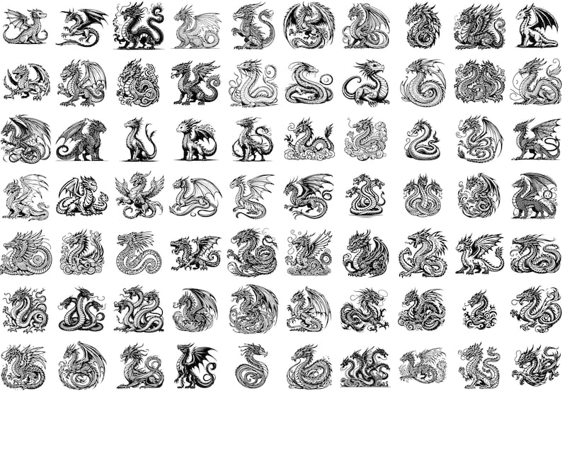 May include: A collection of 64 black and white illustrations of dragons in various poses. The dragons are drawn in a detailed and intricate style, with scales, wings, and claws.