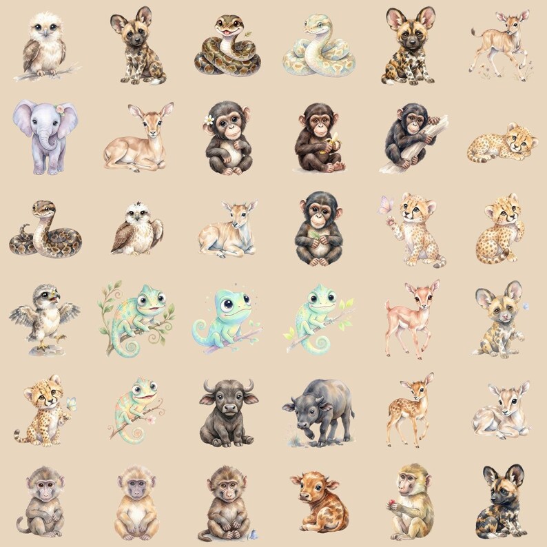 Watercolor Safari Animals Bundle PNG – Jungle Baby Clipart (digital ...
