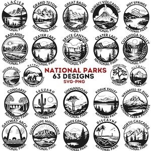 USA Nationalparks SVG Bundle, 63 Nationalpark Embleme Clipart, Natur Abenteuer Abzeichen, Retro Schwarz und Weiß Design für DIY-Projekte