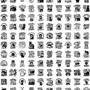 May include: A collection of black and white cat-themed stickers with various phrases and illustrations. The stickers feature cats in different poses with humorous sayings, suitable for decorating items or personalizing belongings.
