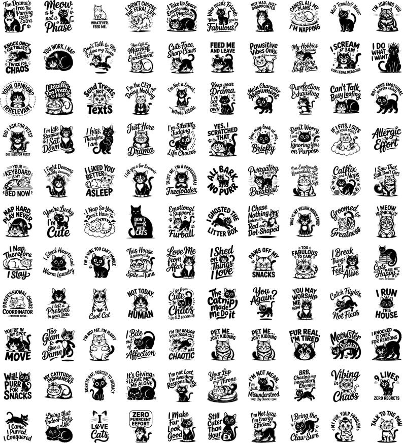 May include: A collection of black and white cat-themed stickers with various phrases and illustrations. The stickers feature cats in different poses with humorous sayings, suitable for decorating items or personalizing belongings.