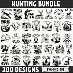 Paquete SVG de caza para Cricut y sublimación / 200 diseños divertidos de ciervos, patos, osos y caza / Imágenes prediseñadas de caza al aire libre, archivos PNG, EPS y SVG