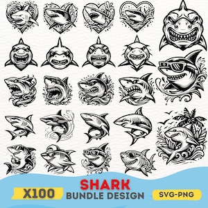 Shark SVG Bundle | 100 Unique Shark Designs | Tattoo Style Shark Clipart | PNG Shark Illustrations for Cricut | Digital Shark Vector Files