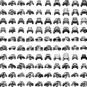 Puede incluir: Una colecci&oacute;n de ilustraciones en blanco y negro de varios veh&iacute;culos todoterreno, incluyendo camiones y buggies. Los veh&iacute;culos se representan desde m&uacute;ltiples &aacute;ngulos, mostrando su dise&ntilde;o y caracter&iacute;sticas. La imagen es una cuadr&iacute;cula de diferentes estilos de veh&iacute;culos.