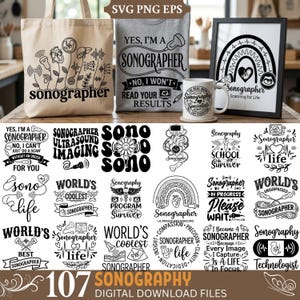 Pode incluir: Uma coleção digital de 107 designs gráficos com o tema de ultrassonografista, incluindo sondas de ultrassom, imagens fetais e textos como 'Sonographer Life' exibidos em uma sacola, camiseta, caneca e uma moldura com impressão.
