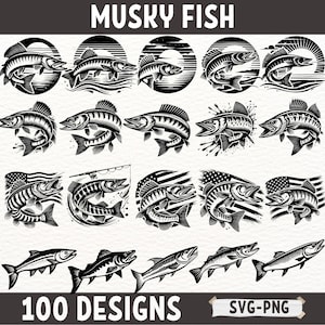Musky Fish SVG PNG Bundle für Cricut und Sublimation, Musky Fish Vektor Clipart, Angeln Designs für T-Shirts, Tassen und Abziehbilder