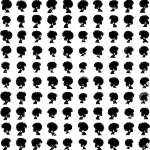 May include: A digital illustration of 100 black and white silhouettes of women with afro hairstyles. Each silhouette is wearing earrings.