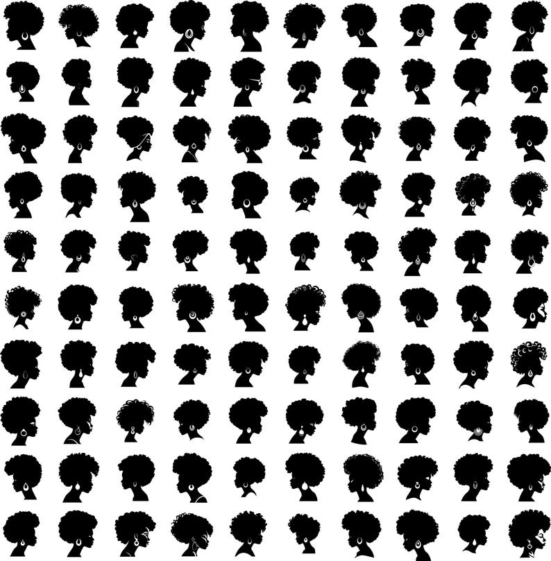 May include: A digital illustration of 100 black and white silhouettes of women with afro hairstyles. Each silhouette is wearing earrings.
