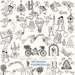 May include: Black and white line art illustrations of wedding-themed elements. Includes couples, angels, cakes, a tandem bicycle, and text that reads "Wedding Elements", "Happily Ever After", and "Just Married".