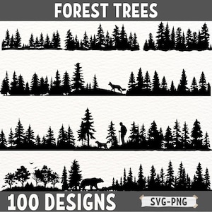 Disegni di sagome di alberi della foresta - PNG SVG Clipart digitale per Cricut e taglio laser, modelli di scene di paesaggi della fauna selvatica