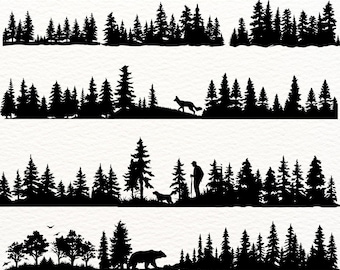 May include: A set of 100 black and white silhouette designs of forest trees. The designs include various tree shapes and sizes, with some featuring animals and people in the forest. The text "100 DESIGNS" and "SVG-PNG" is included in the image.