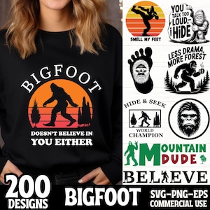 Paquete SVG de Pie Grande, diseños divertidos de Sasquatch, archivos PNG EPS para Cricut, siluetas, camisetas, pegatinas, tazas, camping, exteriores, uso comercial