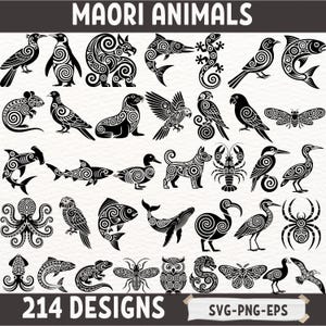 Op de afbeelding: Zwart-wit Maori-dierontwerpen, waaronder vogels, vissen en zoogdieren. De afbeelding toont verschillende wezens met ingewikkelde spiraalpatronen. Tekst bovenaan luidt "MAORI ANIMALS" en onderaan "214 DESIGNS".