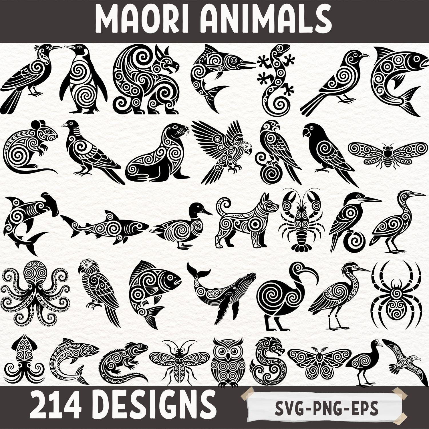 Maori Animal Tribal SVG Bundle, Polynesian Animals Clipart, Maori Tattoo Design PNG, Tribal Animal Vector EPS, Cricut Cutting Files