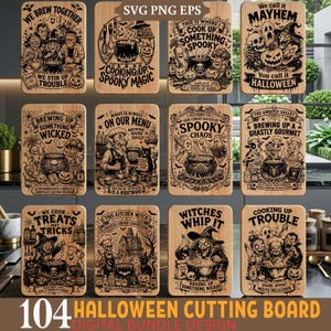 May include: A collection of twelve rectangular wooden boards featuring black engraved Halloween-themed illustrations and text, including phrases like We Brew Together, Cooking Up Spooky Magic, and Witches Whip It, displayed in a grid on a kitchen counter.