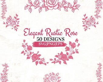 Elegant Rustic Rose SVG Bundle, Floral Border Clipart, Vintage Rose Frame Cut Files, Floral Wedding Decor, Digital Flower Design Pack