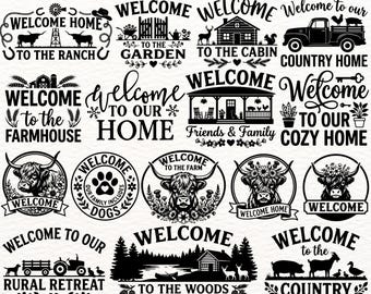 Rustic Welcome Sign Bundle SVG PNG EPS | Farmhouse Country Home Porch Decor | 100 Vintage Welcome Cut Files for Cricut and Laser Crafting