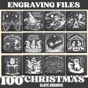 Puede incluir: Un conjunto de 12 posavasos de pizarra negra con diseños navideños grabados en blanco. Cada posavasos presenta una escena festiva diferente, incluyendo a Papá Noel, muñecos de nieve y paisajes invernales. Se muestra el texto "ENGRAVING FILES" y "100 CHRISTMAS SLATE ENGRAVE".