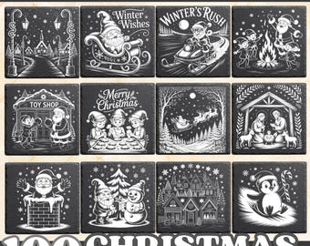 Christmas Slate Engraving PNG Files for Laser, Winter Holiday Sublimation Clipart, Santa Nativity Coaster Designs, Rustic Xmas Decor
