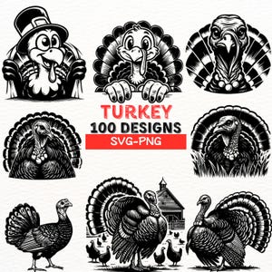 Dinde SVG PNG Designs pour Cricut, Thanksgiving Turquie Clipart, Silhouettes d'animaux de la ferme, ensemble d'illustrations festives de dinde