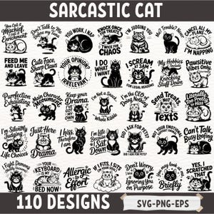 Lot SVG drôle de chat sarcastique pour Cricut et sublimation – 110 fichiers PNG EPS impertinents de citations de chat pour les amoureux des chats et les artisans