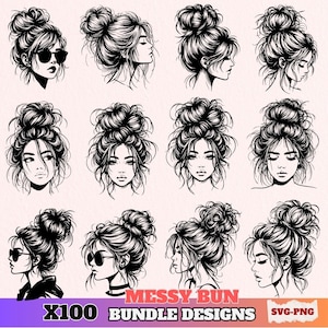 Messy Bun SVG PNG-bundel, trendy rommelige knot clipart voor Cricut Silhouette, hoge kwaliteit rommelige haarbroodje sublimatie ontwerpen, digitale download