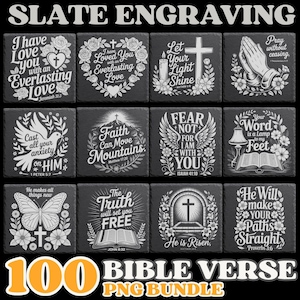 May include: A set of black slate engravings with Bible verses and religious motifs. Each square tile showcases a different quote, decorated with floral and symbolic designs. The text "100 Bible Verse PNG Bundle" is also visible.