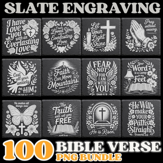 Christian Bible Verse Slate Engraving Bundle, 100 Inspirational Scripture PNG Designs for Faith Crafts, Sublimation and Laser Engraving
